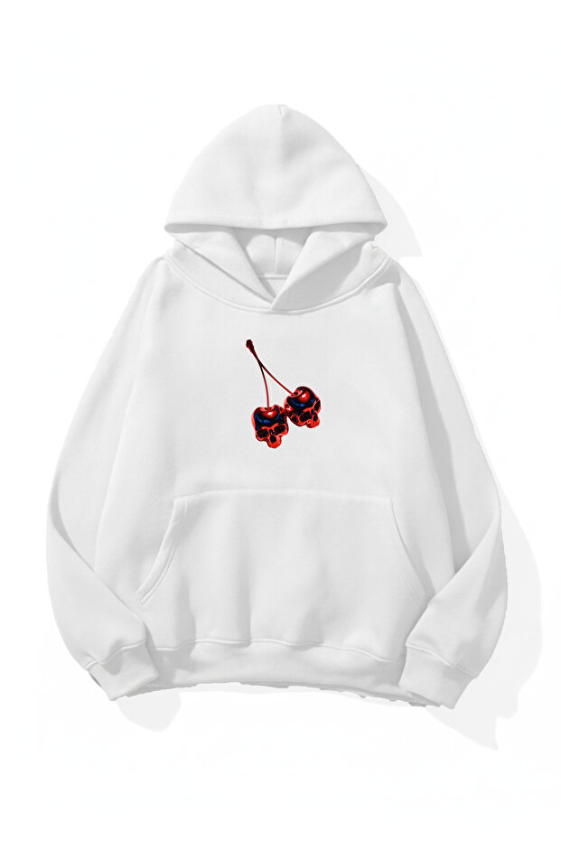 Unisex Soft Textured Metal Cherry Printed Design Oversize 3 Thread Hoodie Sweatshirt