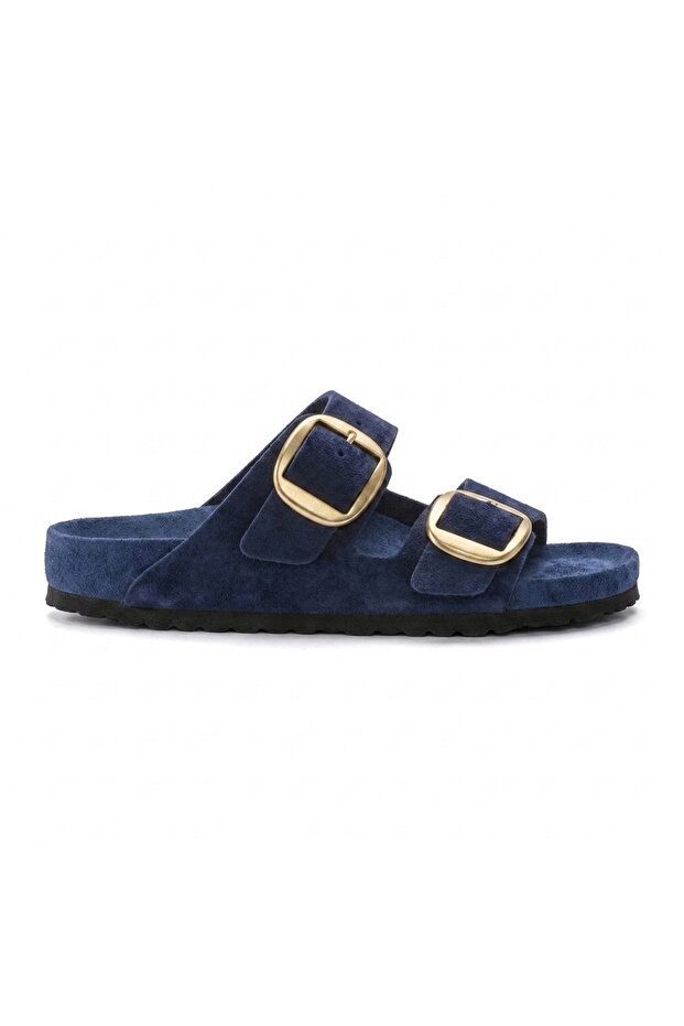 Mk205 Navy Blue Genuine Suede Leather Full Covered Cork Sole Double Buckle Unisex Orthopedic Slippers