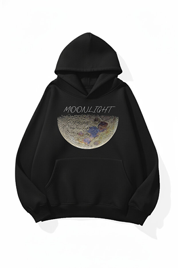 Unisex Soft Textured Real Moonlight Printed Design Oversize 3 Thread Hoodie Sweatshirt