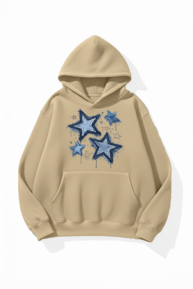 Unisex Soft Textured Denim Stars Printed Design Oversize 3 Thread Hoodie Sweatshirt