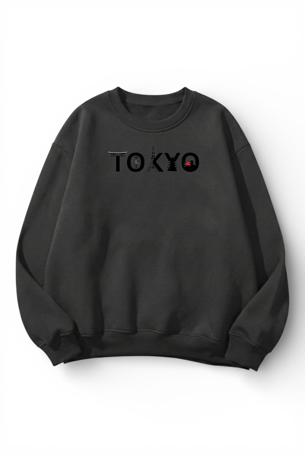 Unisex Soft Textured Tokyo Printed Design Oversize 3 Thread Crew Neck Sweatshirt