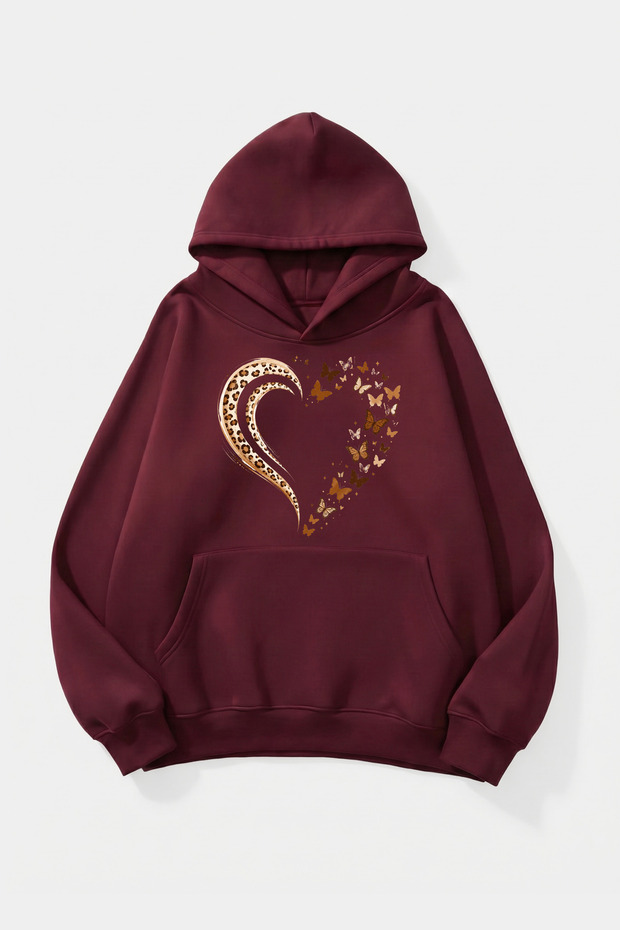 Unisex Soft Textured Leopard and Butterfly Heart Printed Design Oversize 3 Thread Hoodie Sweatshirt