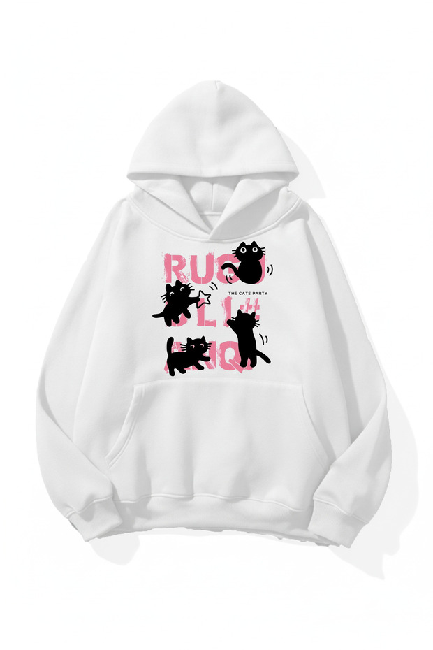 Unisex Soft Textured Cat Chaos Printed Design Oversize 3 Thread Hoodie Sweatshirt