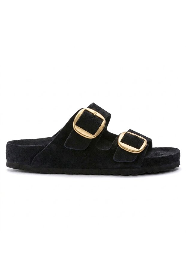 Mk205 Black Genuine Suede Leather Full Covered Cork Sole Double Buckle Unisex Orthopedic Slippers