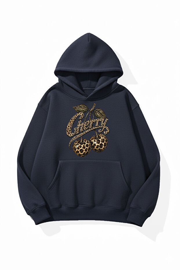 Unisex Soft Textured Cherry Printed Design Oversize 3 Thread Hoodie Sweatshirt