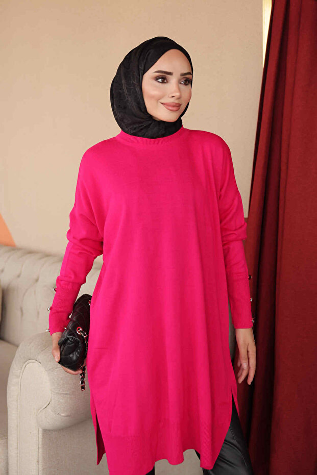 Dark Fuchsia Crew Neck Mercerized Loose Knitwear Tunic with Cufflinks