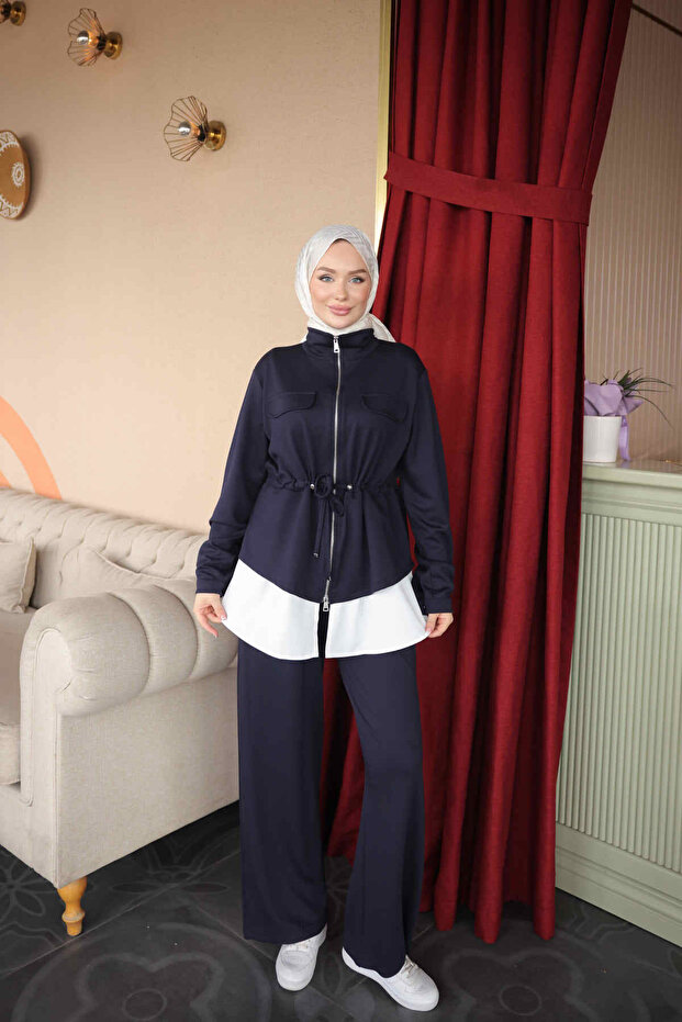 Navy Blue Bel Tie-Detail Tunic Trouser Suit