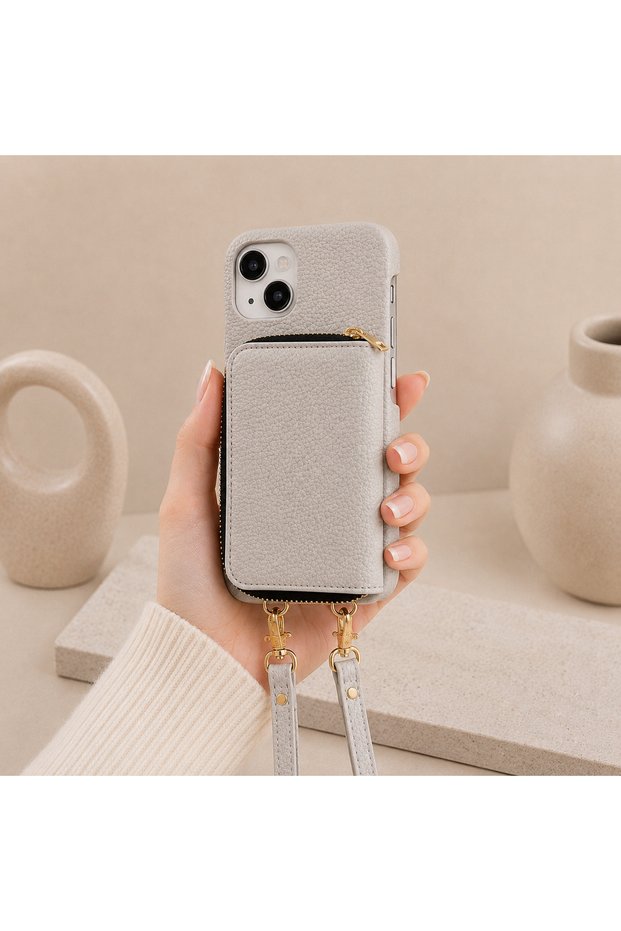 iPhone 14 Plus (6.7 Inch) Compatible Premium Lux Leather Case with Open Sides, Slim Design, Wallet, Zipper, Card Holder, Crossbody Neck Strap, and Drawstring Strap