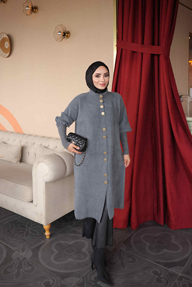 Smoked Hakim Collar Angora Soft Coat Cardigan