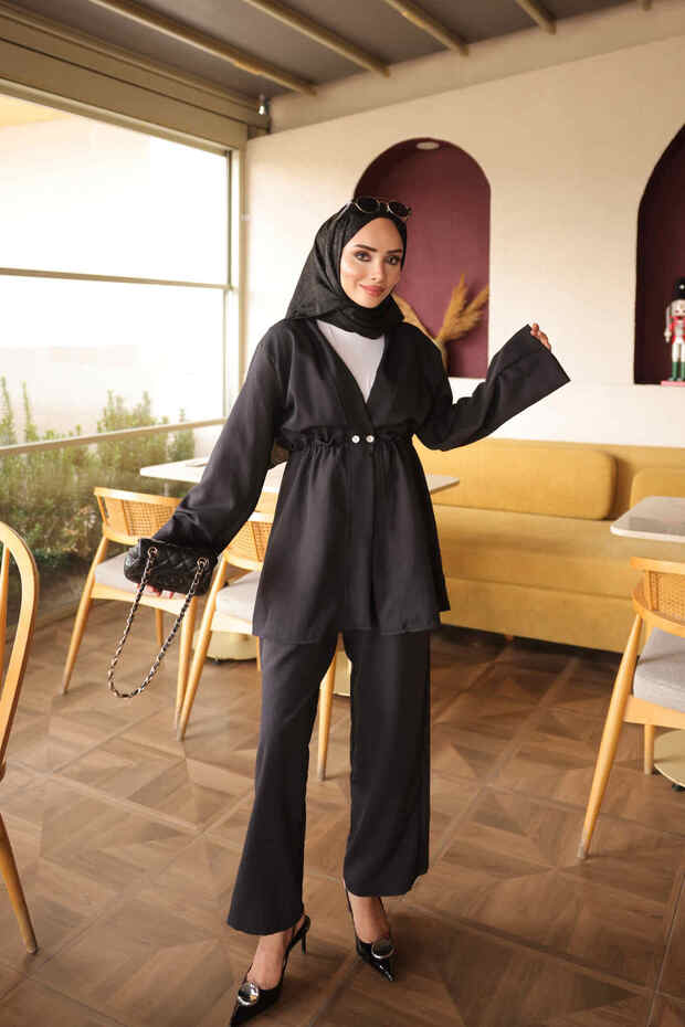 Black Waist Ruffled Elastic Double Buttoned Jacket and Trousers Set