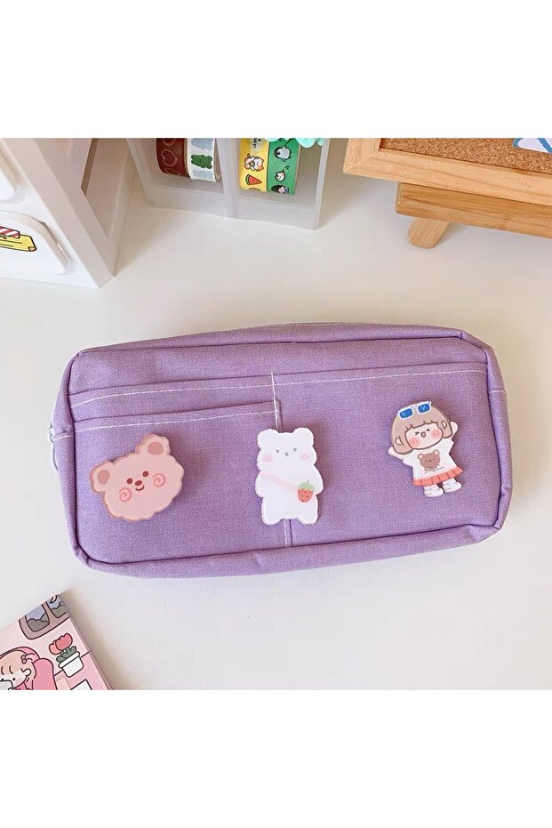 Kawaii Purple Multi-Compartment Pencil Case – Large Capacity Zippered Organizer Pen Holder (Ornaments on Top Not Included)