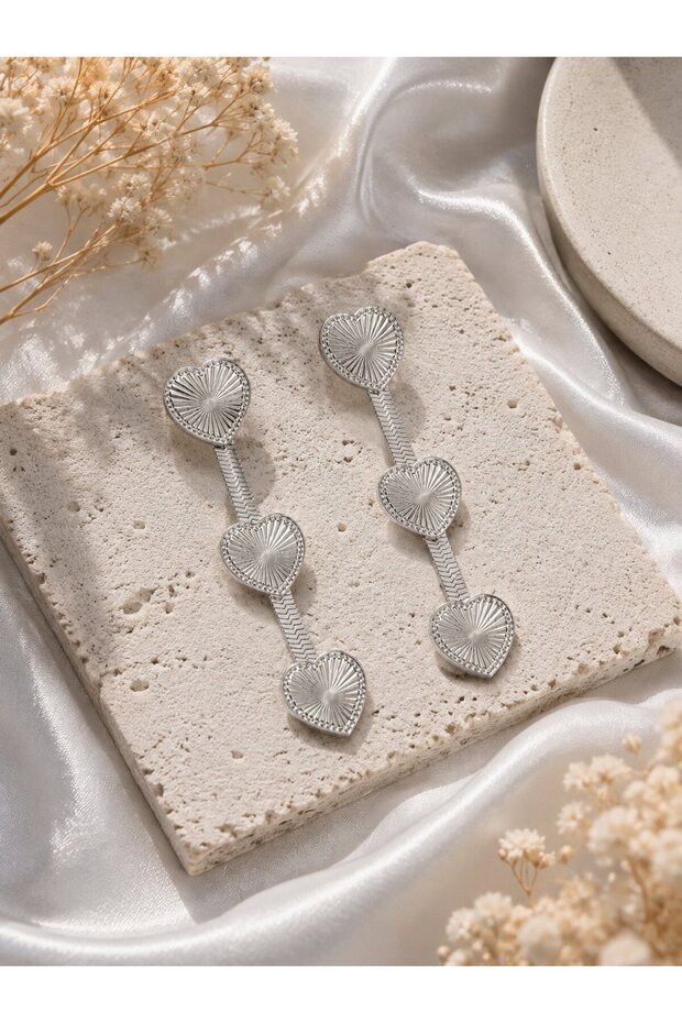 316L Steel Silver Color Long Italian Chain Detailed Heart Earrings