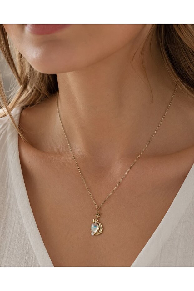 Gold Renk Opal Taşlı Kolye