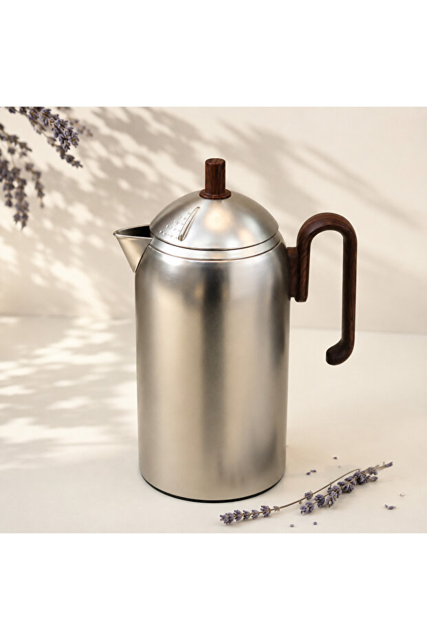 Silver Serving Thermos with Brown Handle and Brown Lid – 1L