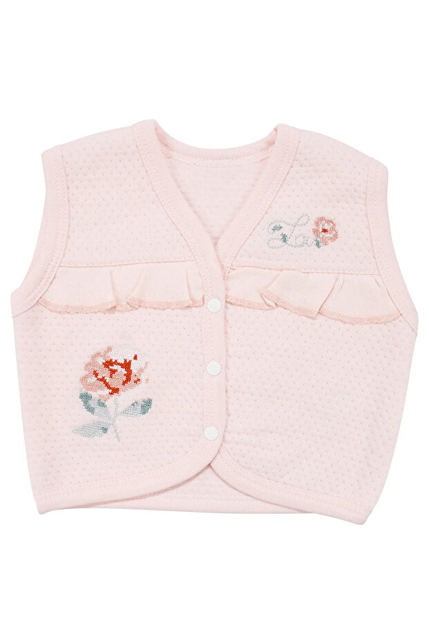 Baby Girl Pink Cross-Stitched Rose Embroidered Ruffled Quilted Combed Cotton Vest