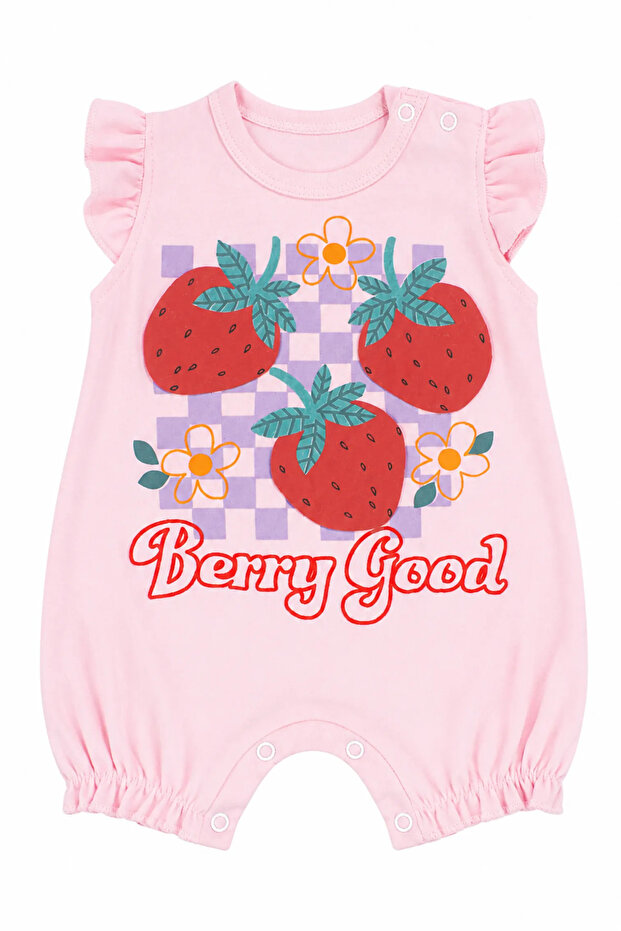 Baby Girl Pink Red Strawberry Patterned Ruffle Sleeve Short Jumpsuit