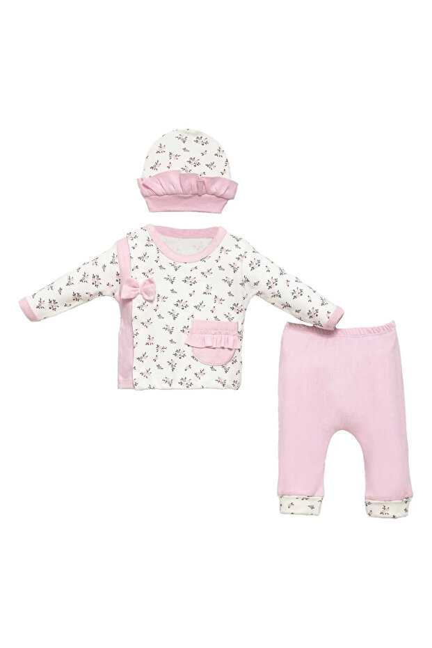Baby Girl Ecru Pink Floral Patterned Ruffle Beret 3-Piece Set 0-3 Months