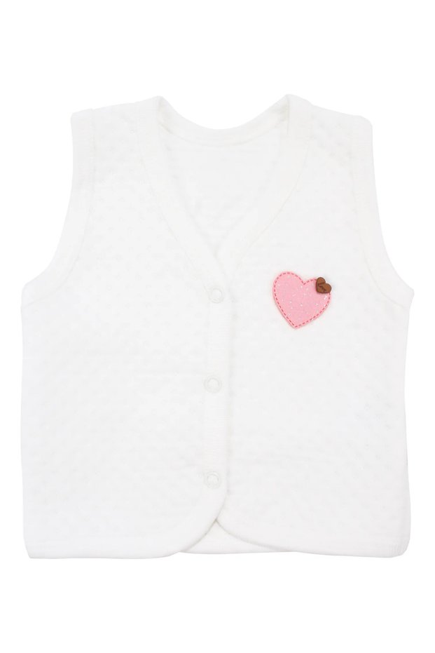 Baby Girl Ecru Pink Heart Embroidered Snap Fastener Quilted Combed Cotton Vest