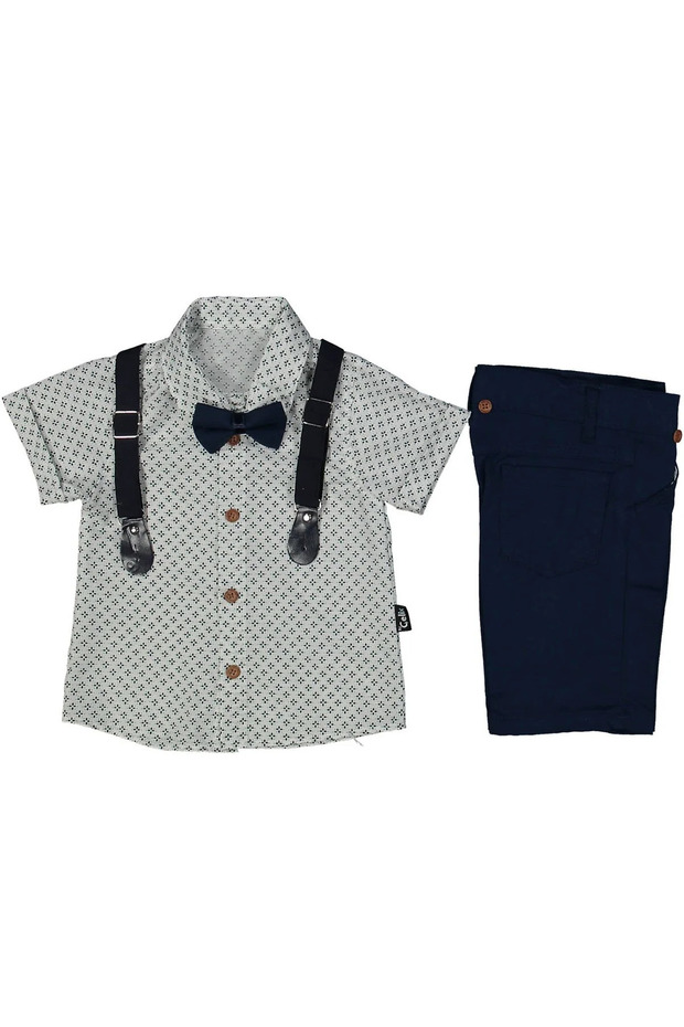 Boy's White Patterned Shirt, Navy Shorts, Bow Tie, and Suspender Set