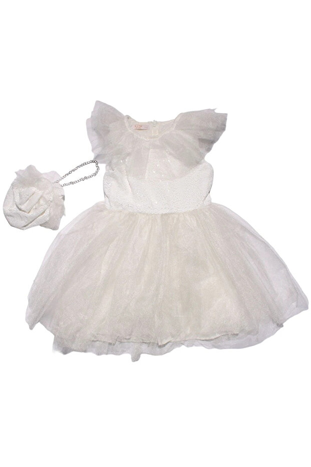 Girl's White Sequined Evening Dress with Bag