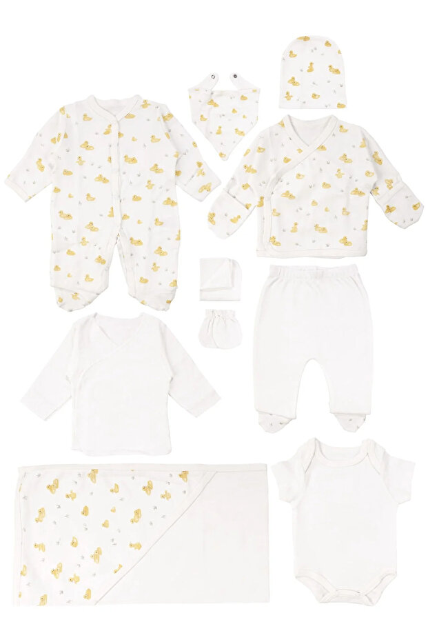 Unisex Ecru Yellow Duck Printed Organic 10 Piece Hospital Discharge Set