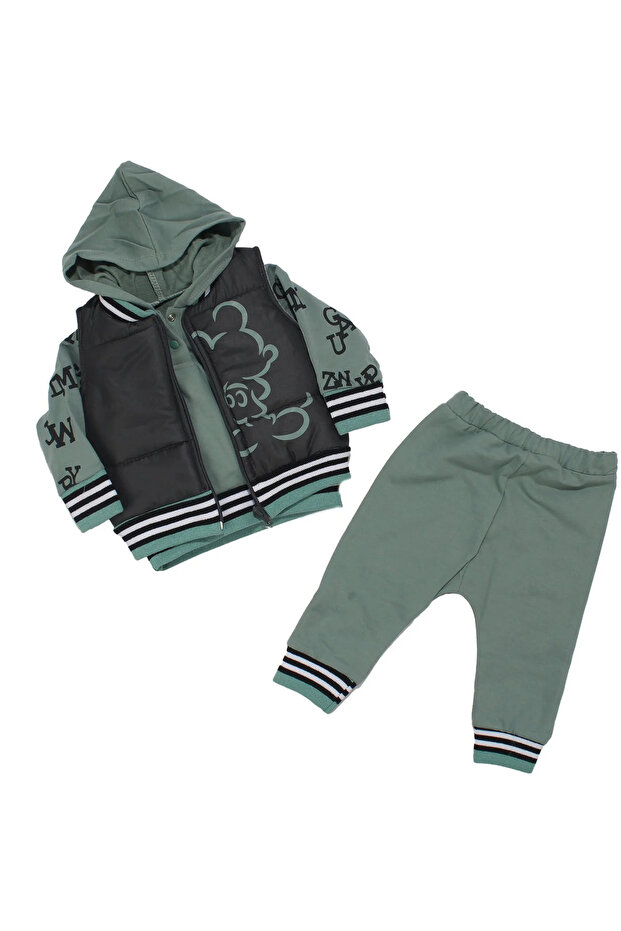 Baby Boy Smoked Green Inflatable Vest with Letter Print and Badge 3-Piece Set