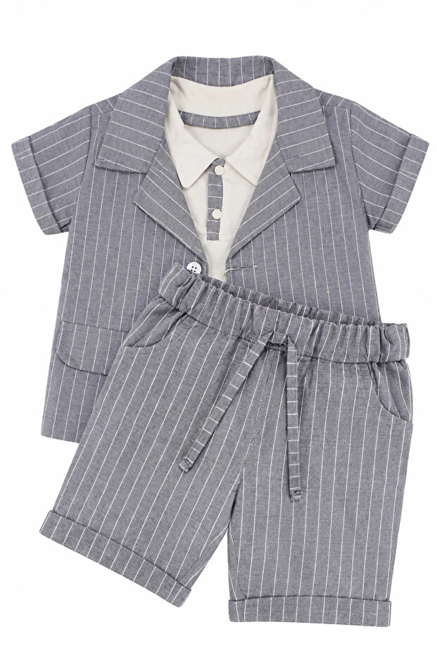 Boy's Ecru Gray Striped Shirt, Jacket and Shorts 3-Piece Set