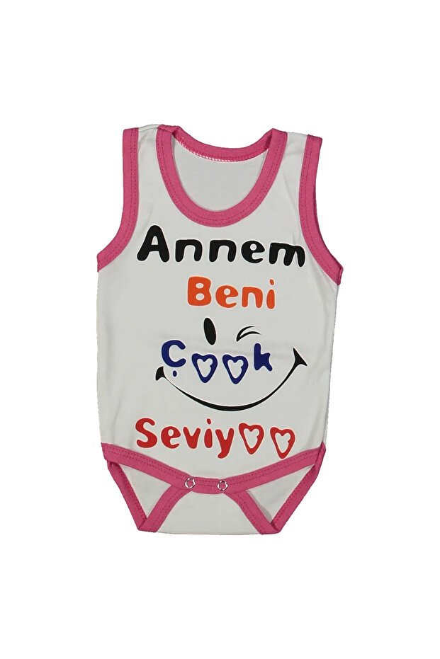 Baby Girl White Fuchsia Piped Mom Loves Me Written Suspender Bodysuit