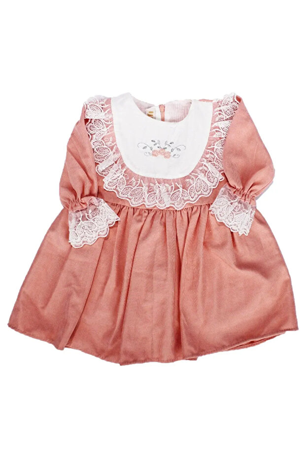Girl's Salmon Ecru Ruffled Rose Embroidered Long Sleeve Dress
