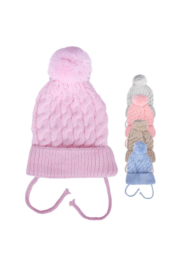 Baby Girl Pink Hair Braided Pompom Drawstring Knitwear Beanie 0-6 Months