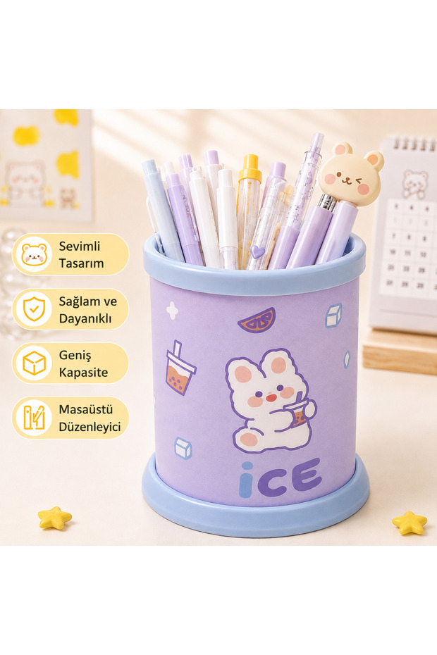 Kawaii Purple Ice Rabbit Desktop Pen Holder Organizer with Rabbit Pattern – Large Capacity Cute Stationery Organizer
