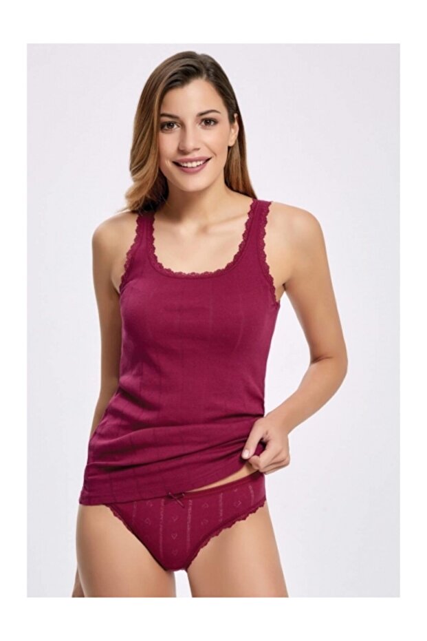 Tutku-Vişne Jacquard Thick Strap Top and Bottom Set Dng Tekstil