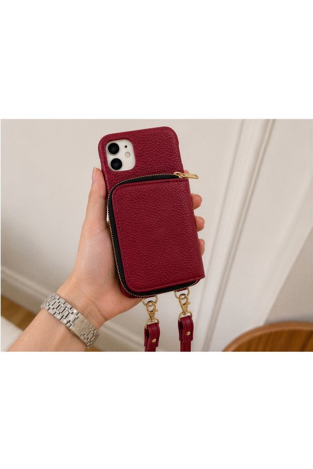 iPhone 11 (6.1 Inch) Compatible Premium Lux Leather Case with Open Sides, Slim Design, Wallet, Zipper, Card Holder, Crossbody Neck Strap, and Drawstring Strap
