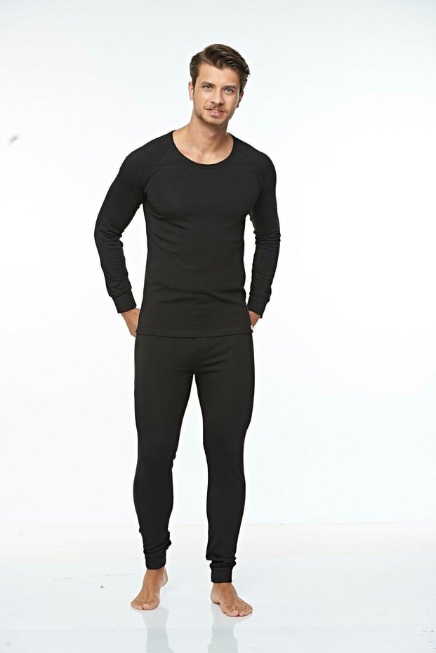 Tutku-Men's Black Thermal Underwear Top and Bottom Set