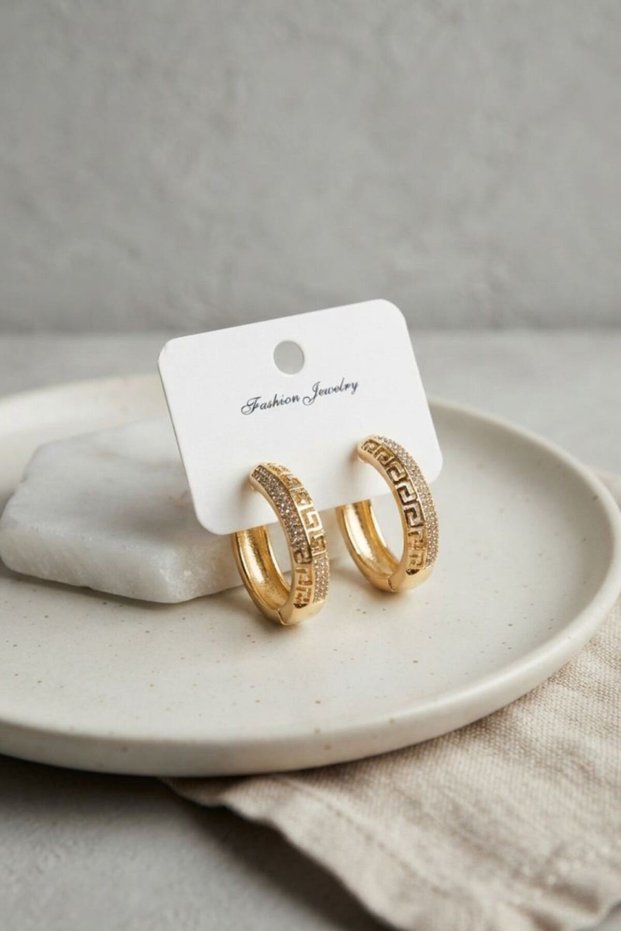 Gold Color Zircon Stone and Geometric Motif Brass Hoop Women's Earrings