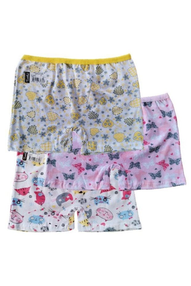 Tutku-Girls' Colorful Printed Cotton Lycra 3-Piece Boxer Pack