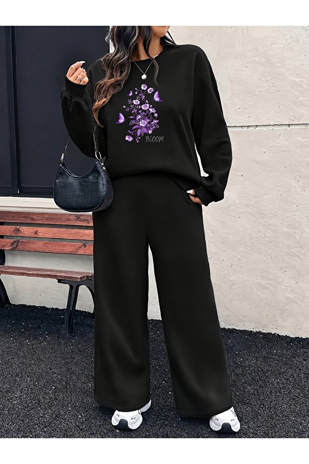 Women's Printed Top and Bottom Tracksuit Set Wide Leg Relaxed Fit