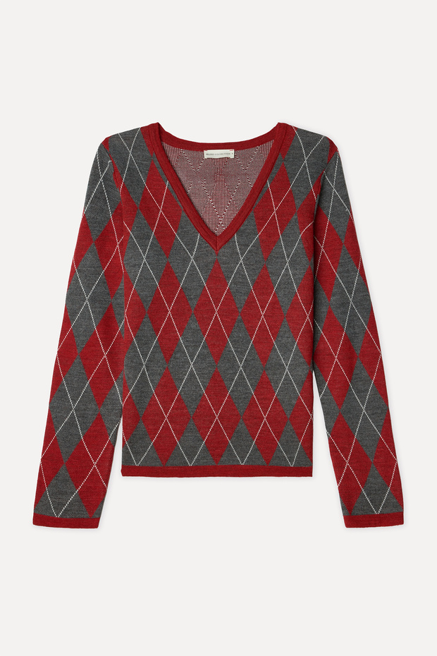 Women's Red Diamond Patterned V-Neck Sweater