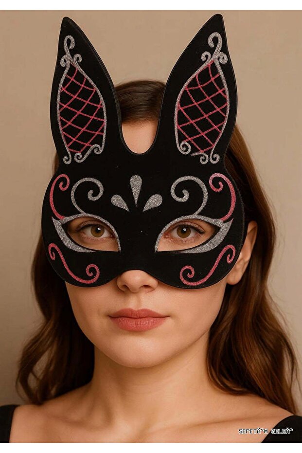 Spt-Gld Black Color Red White Glittery Black Suede Covered Rabbit Mask (220912) 18X16 cm