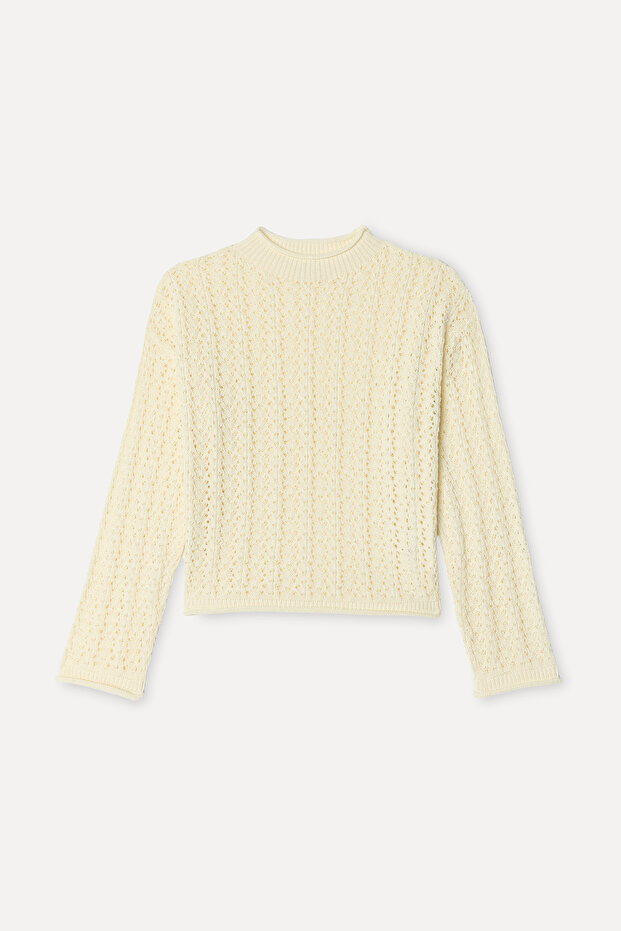 Women's Ecru Loose Fit Crew Neck Sweater