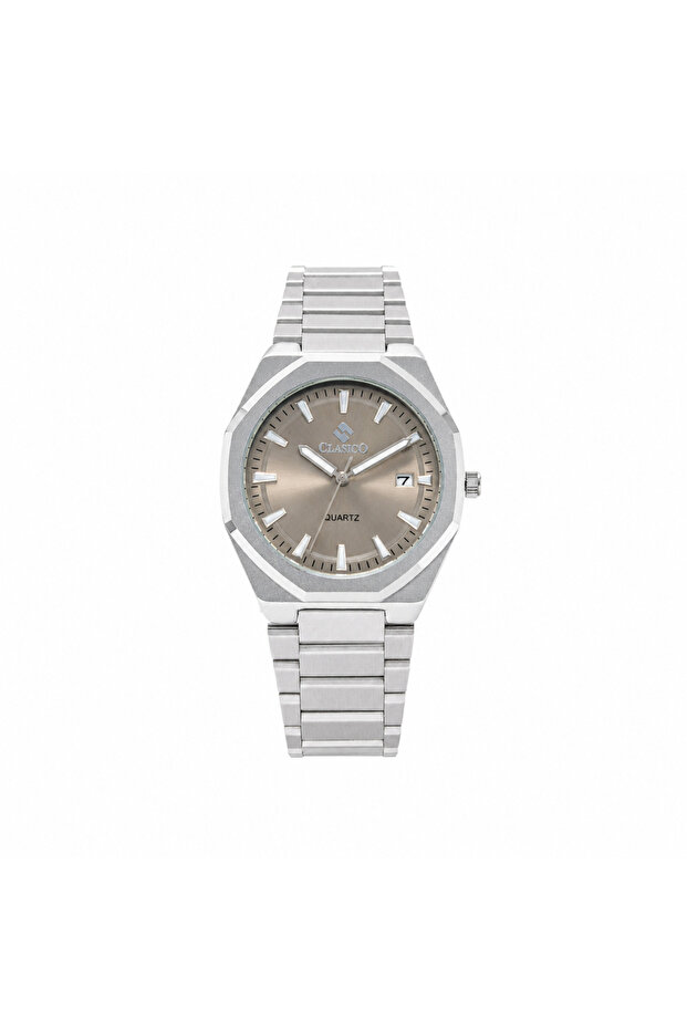 Legacy Men’s Analog Quartz Watch | Octagonal-Inspired Case, Date Display, Luminous-Style Hands & Integrated Metal Bracelet – Silver Case