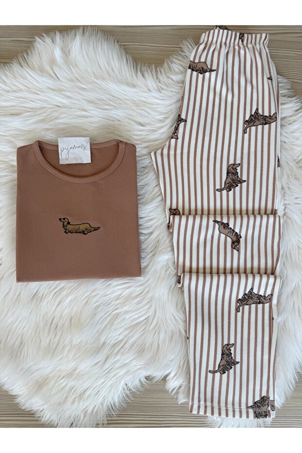 Mink Dog Patterned Soft Winter Waffle Knitted Pajama Set
