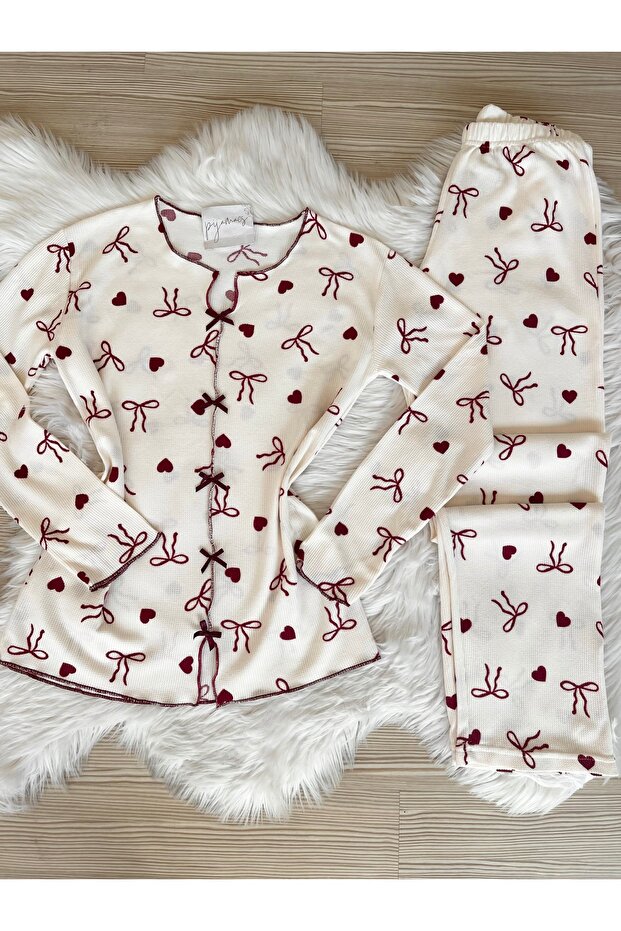 Soft Winter Waffle Knit Pajama Set with Burgundy Bow and Heart Pattern Bow Detail