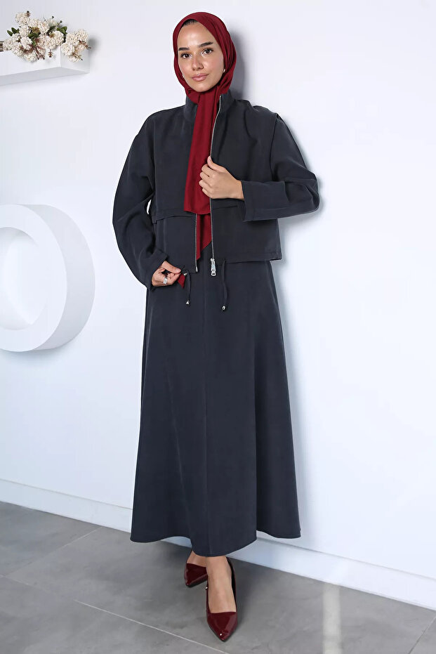 Light Blue City Style Jacket with Elastic Waist Skirt and Hijab Two-Piece Set