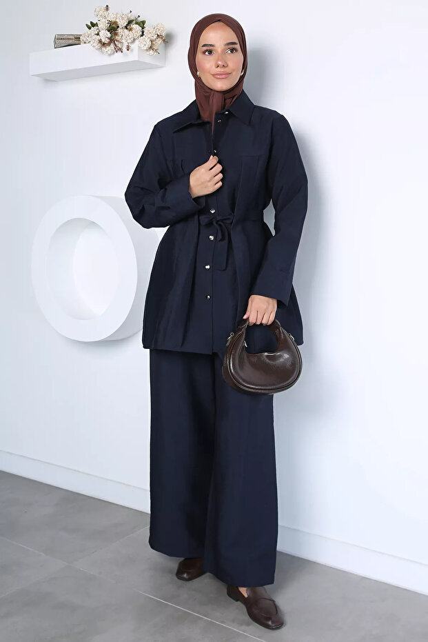 Navy Blue Elastic Waist Trousers Tunic Hijab Double Set