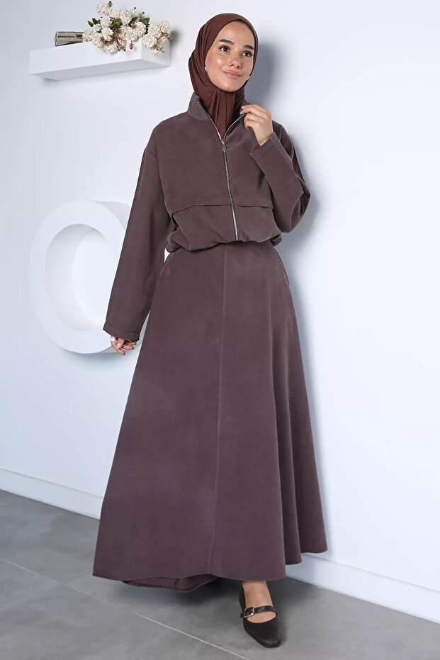 Coffee City Style Jacket Elastic Waist Skirt Hijab Double Set