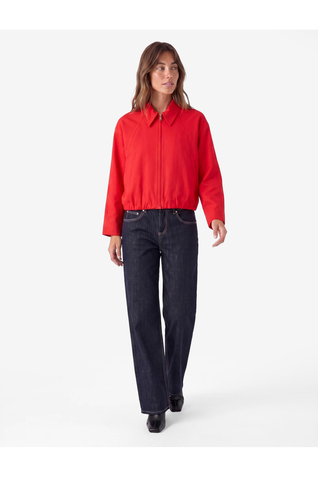 Double-Breasted Collar, Balloon Sleeves, Zippered Viscose Oversize Bomber Jacket