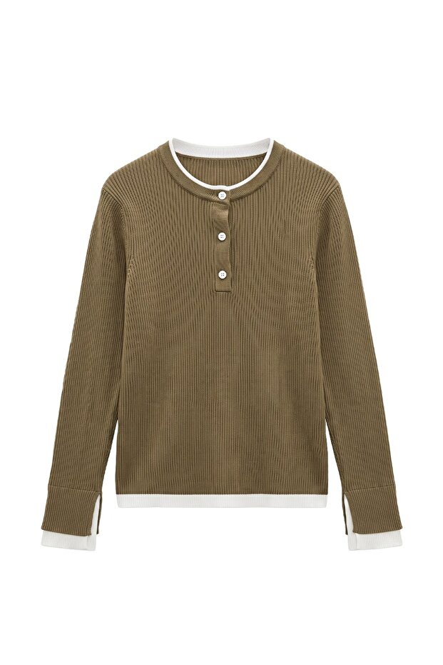 Khaki Double Collar Buttoned Sweater