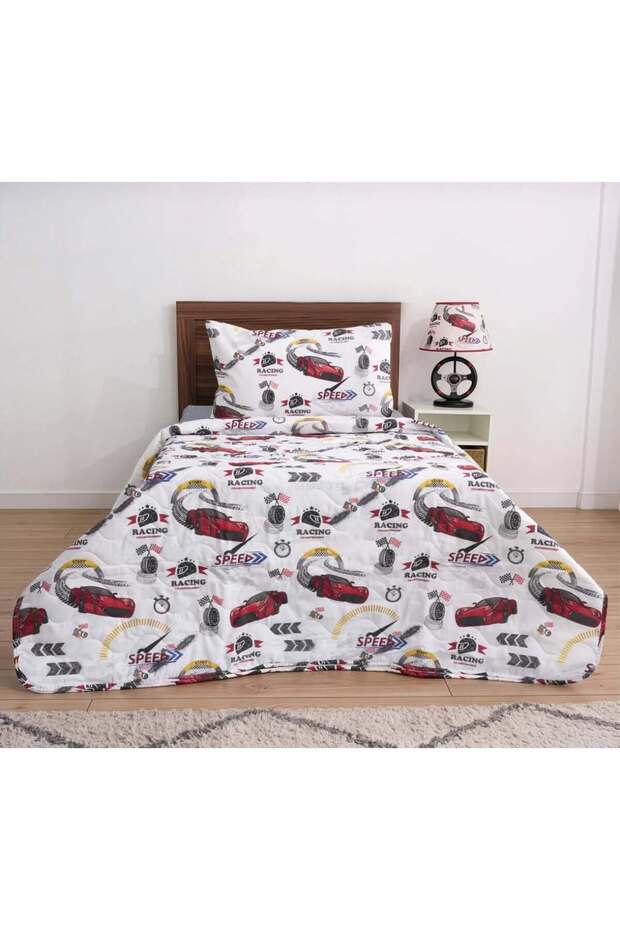 Single Car Patterned Multi-Purpose Bedspread Quilted +2 Pillowcases + Elastic Sheets