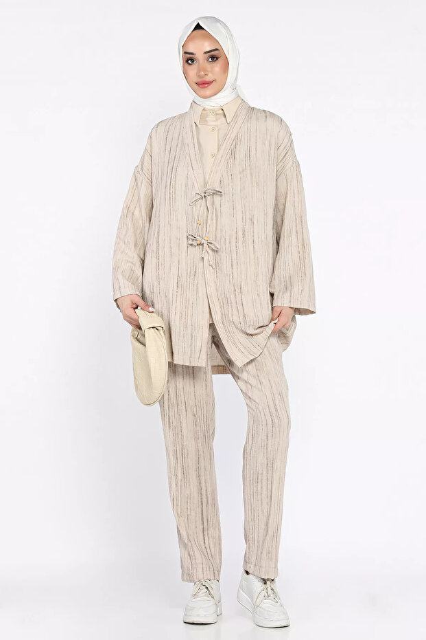 Stone Front Tie Jacket Pants Hijab Double Set
